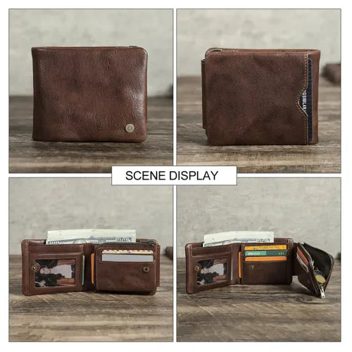 Men's Genuine Leather RFID Blocking Trifold Wallet with Zipper Coin Pocket, Credit Card Holder, ID Window & Cash Compartment
