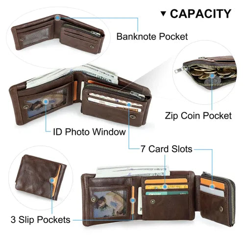 Men's Genuine Leather RFID Blocking Trifold Wallet with Zipper Coin Pocket, Credit Card Holder, ID Window & Cash Compartment