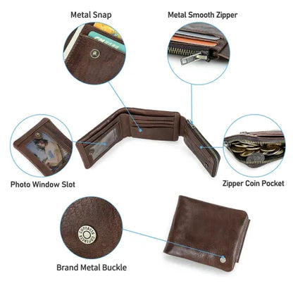 Men's Genuine Leather RFID Blocking Trifold Wallet with Zipper Coin Pocket, Credit Card Holder, ID Window & Cash Compartment